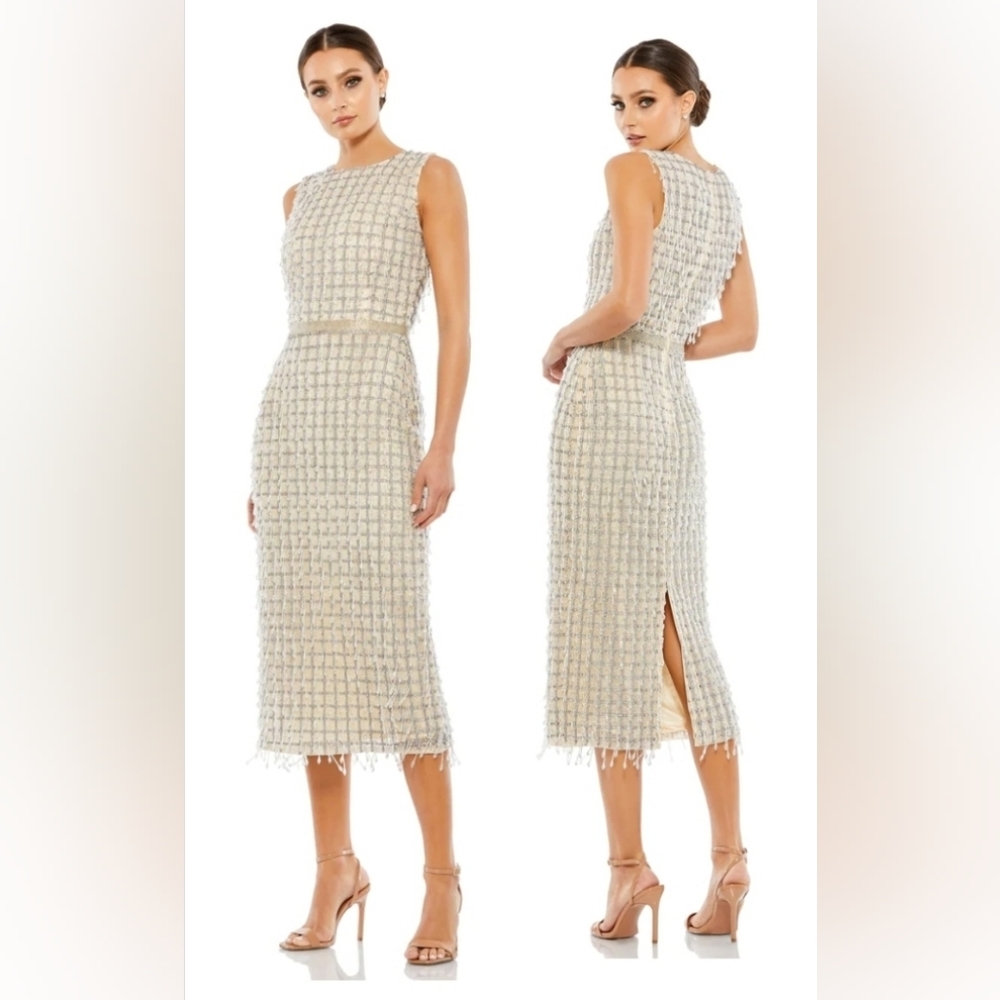 MAC DUGGAL NUDE SLEEVELESS HIGH NECK BEADED MIDI SHEATH DRESS 8 NWOT